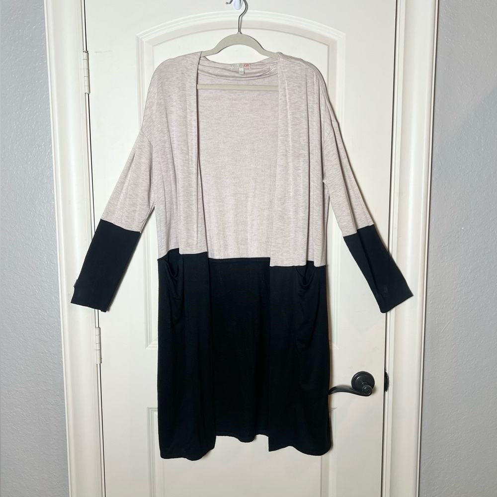 Gianni Bini Colorblock Duster Cardigan Sweater Oatmeal Black Open Front Small
